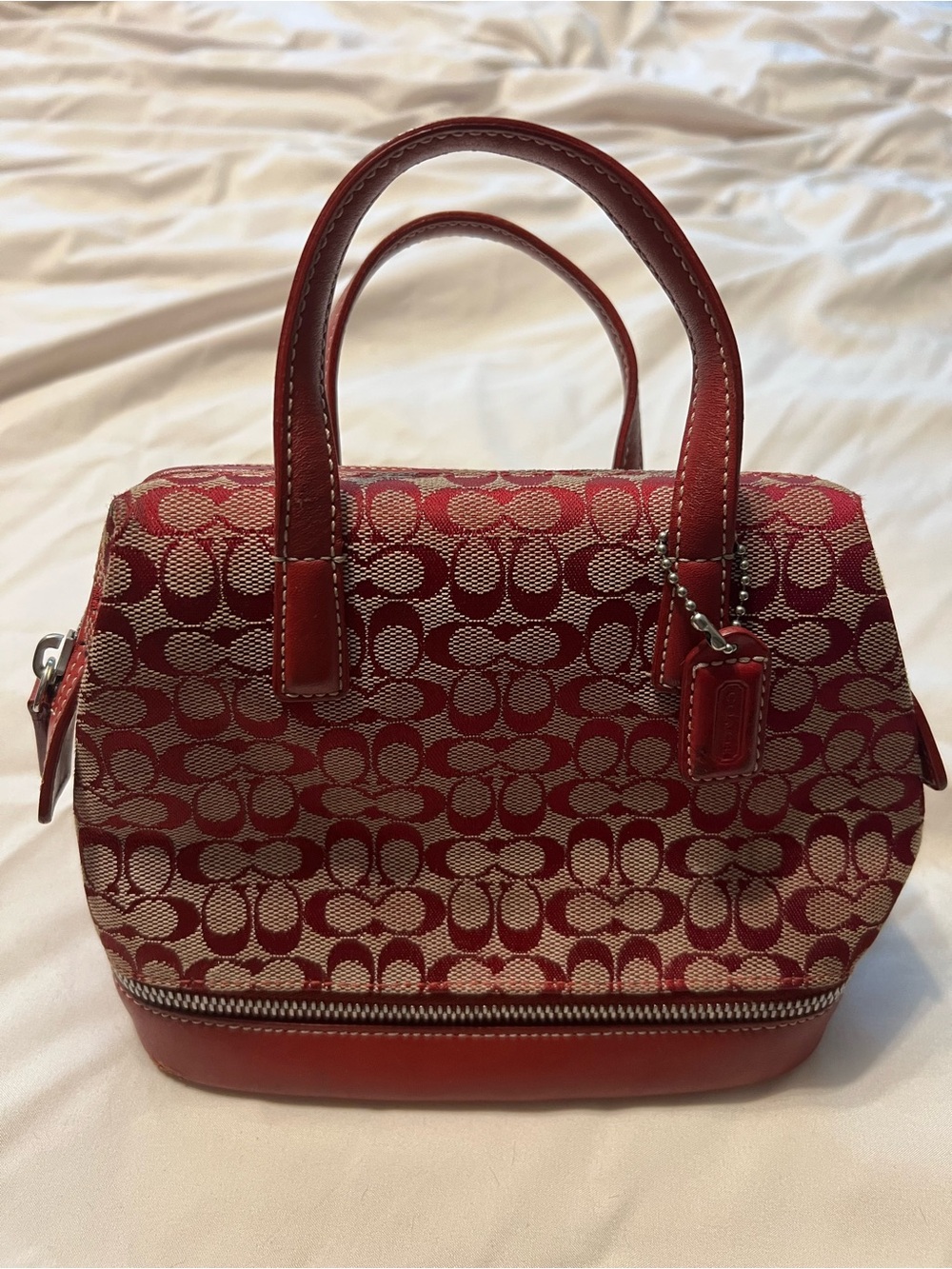 Vintage Coach Red Signature Jacquard Satchel with Leather Trim Zippered Bottom